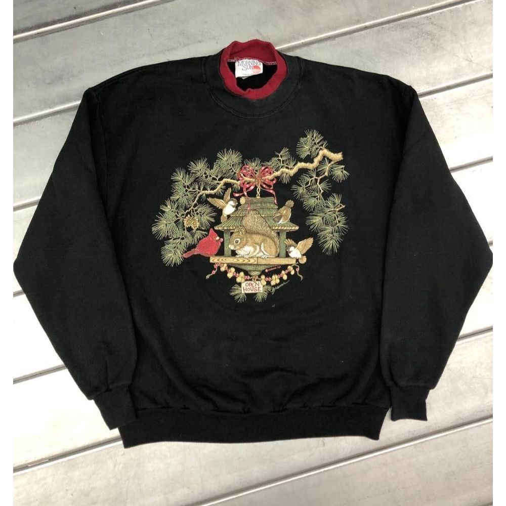 Vintage Morning Sun Sweatshirt Womens XL Black‎ Christmas Collared Made In USA